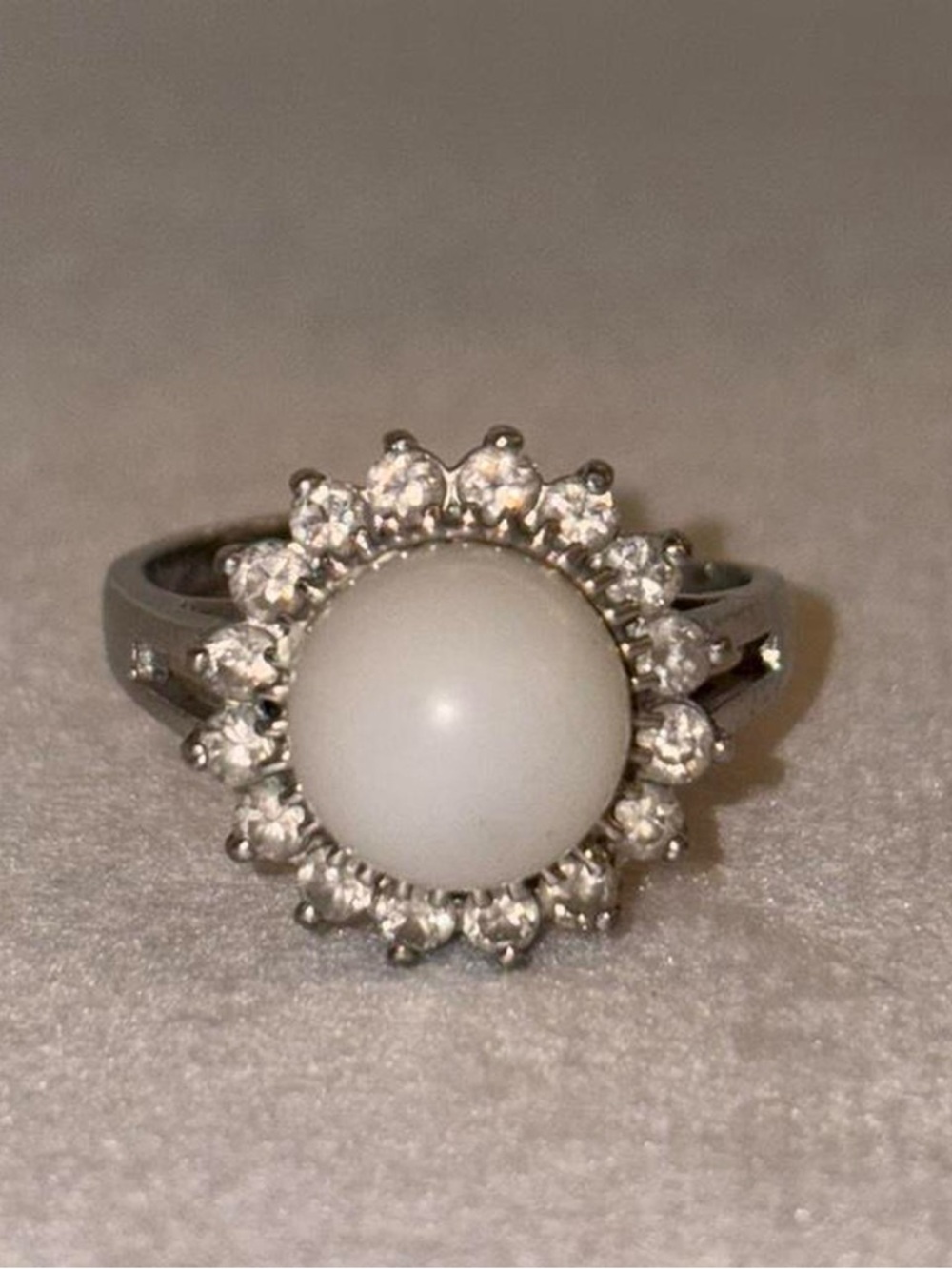 BD 925 Sterling Silver Faux Pearl CZ Halo Cocktail Ring Adjustable Size